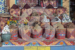 Traditional spices bazaar with herbs and spices in street old market in Sharm El Sheikh, Egypt. close up