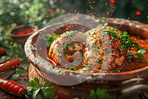 Traditional Spicy Meatballs in Savory Tomato Sauce with Fresh Herbs and Garnish in Rustic Kitchen Setting