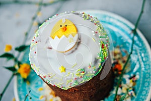 Traditional spring holidays concept. Easter cake decorated with glazing