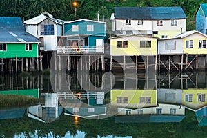 Traditional stilt houses know as palafitos in the city of Castro at Chiloe Island in Chile