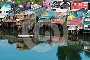Traditional stilt houses know as palafitos in the city of Castro at Chiloe Island in Chile photo