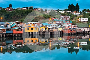 Traditional stilt houses know as palafitos in the city of Castro at Chiloe Island in Chile