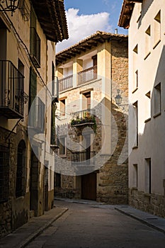 Traditional stone buildings on the streets of Rubielos de Mora, Teruel, Spain