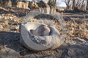 Traditional Stone corn and nut grinding tools to make meal for baking bread
