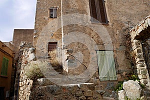 Traditional stone houses in Sant Antonino, a dreamy village in Balagne. Corsica, France.