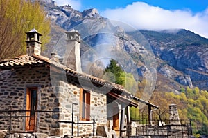 a traditional stone-made mountain villa with visible chimneys