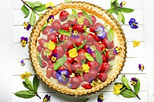 Traditional strawberry pie or tart,top view