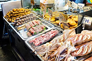 Traditional street food, various of sea food / meat / pork. Shilin night market, Taipei, Taiwan