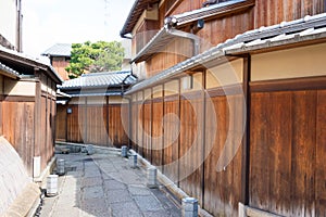 Traditional street of higashiyama district in Kyoto old town, Japan. Higashiyama is one of the eleven