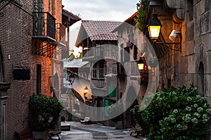 Traditional street of medieval Spanish village at Barcelona town, Catalonia, Spain