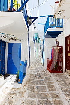 Traditional street of Mykonos island in Greece
