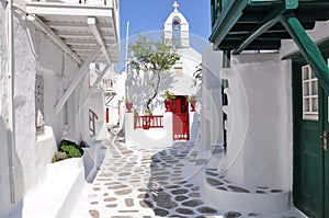 Traditional street view on the island of Mykonos.