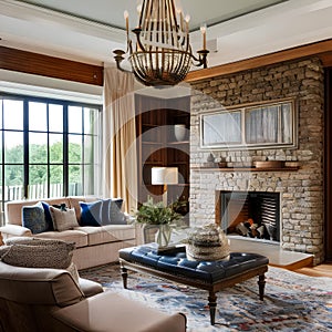 5 A traditional-style living room with a mix of upholstered and wooden furniture, a classic fireplace mantle, and a mix of patte