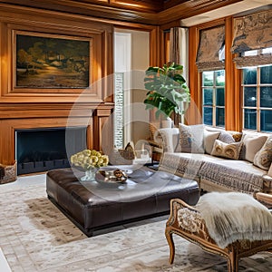 10 A traditional-style living room with a mix of wooden and upholstered finishes, a classic fireplace mantle, and a mix of patte