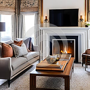 8 A traditional-style living room with a mix of wooden and upholstered finishes, a classic fireplace mantle, and a mix of patter