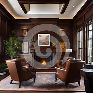 A traditional-style study with rich wood paneling, a fireplace, and leather armchairs2