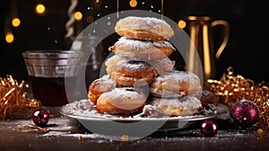 Traditional Sufganiyot, Hanukkah Donuts with Powdered Sugar and Candles on Table