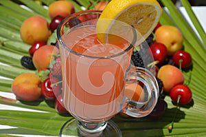 Traditional summer drink sangria - red, pink and white. With champagne, pink and red wine, strawberries, oranges, lemon