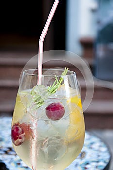 Traditional summer drink sangria is white with champagne, restaurant