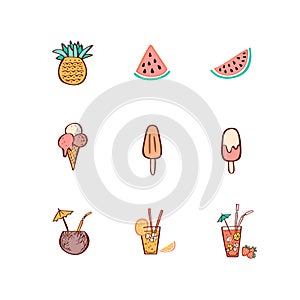 Traditional summer food hand drawn icon set in doodle style