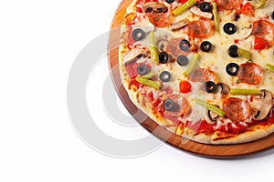 Traditional supreme pizza isolated on white background