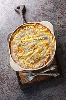 Traditional Swedish delicacy Jansson\'s Frestelse casserole of potatoes, onions, anchovies, and rich cream