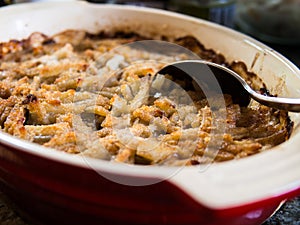 Traditional Swedish dish, Jansson\'s Frestelse, a casserole with potatoes, onion, anjovis and heavy cream.