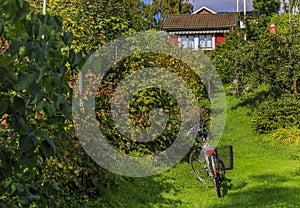 Traditional Swedish old wooden house with a garden in the heart of the city with a bicycle in front in Stockholm, Sweden