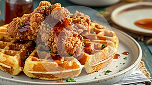 Traditional sweet and savory American dish of crunchy fried chicken and waffles drizzled with maple syrup. Hearty comfort food