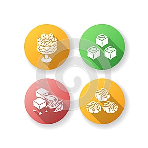 Traditional sweets flat design long shadow glyph icons set