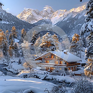 Traditional Swiss Chalet Amidst Snowy Alps offering cozy retreat