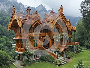 Traditional Swiss Chalet Nestled in Alps with Detailed Wood Carvings