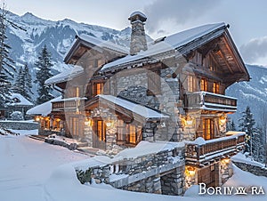 Traditional Swiss Chalet Nestled in Alps with Detailed Wood Carvings