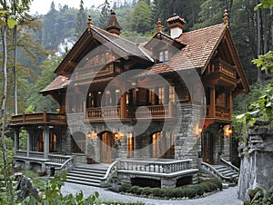 Traditional Swiss Chalet Nestled in Alps with Detailed Wood Carvings
