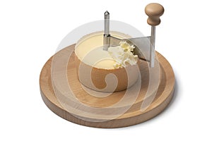 Traditional Swiss TÃÂªte de Moine AOP and a rosette at a girolle on white background photo