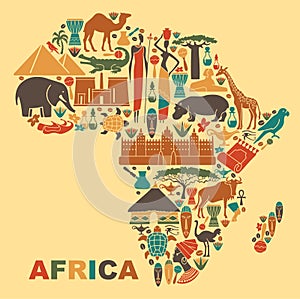 Traditional symbols of Africa in the form of a map