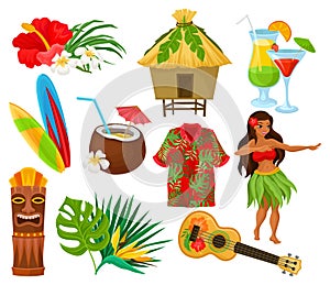 Traditional symbols of Hawaiian culture set, hibiscus flower, bungalow, surfboard, tiki tribal mask, ukulele, exotic