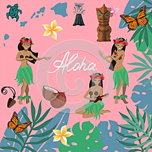 Traditional symbols of Hawaiian culture set, hibiscus flower, girls dancing hula and playing ukuleles, islands, volan, butterflies