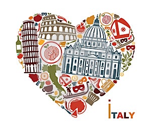 Traditional symbols of Italy in the form of heart