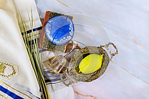 Traditional symbols Jewish festival of Sukkot Etrog, lulav, hadas, arava praying book kippah Tallit