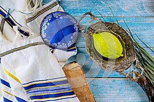 Traditional symbols Jewish festival of Sukkot Etrog, lulav, hadas, arava praying book kippah Tallit