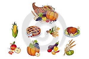 Traditional symbols of Thanksgiving day set, autumn cornucopia with vegetables vector Illustration on a white background
