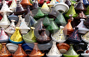 Traditional Tajine coockware displayed on a traditional Moroccan market. Morocco, Africa