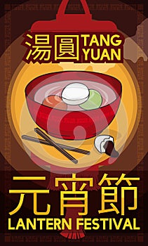 Traditional Tangyuan and Lantern`s Silhouette for Yuanxiao Festival, Vector Illustration