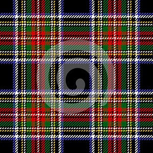 Traditional tartan plaid pattern Stewart Black. Scottish seamless dark small check in black, red, green, yellow, white.