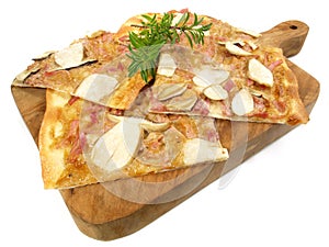 Traditional Tarte Flambee with Creme Fraiche, Mushrooms, Onion and Bacon, isolated on white Background