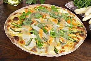 Traditional Tarte Flambee with Creme Fraiche, Onion, Asparagus and Salmon