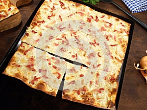 Traditional Tarte Flambee with Creme Fraiche, Onion and Bacon