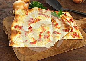 Traditional Tarte Flambee with Creme Fraiche, Onion and Bacon