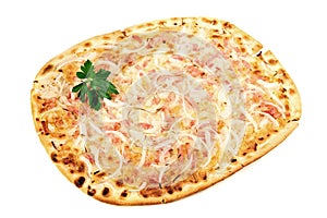 Traditional Tarte Flambee, isolated on white Background.
